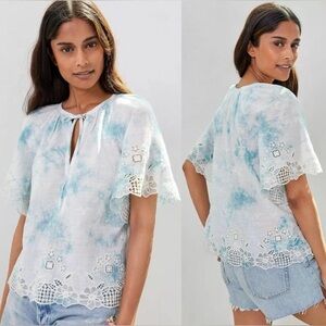 By Anthropologie Olivia Embroidered Floral Blue White Tie Dye Boho Blouse Size M